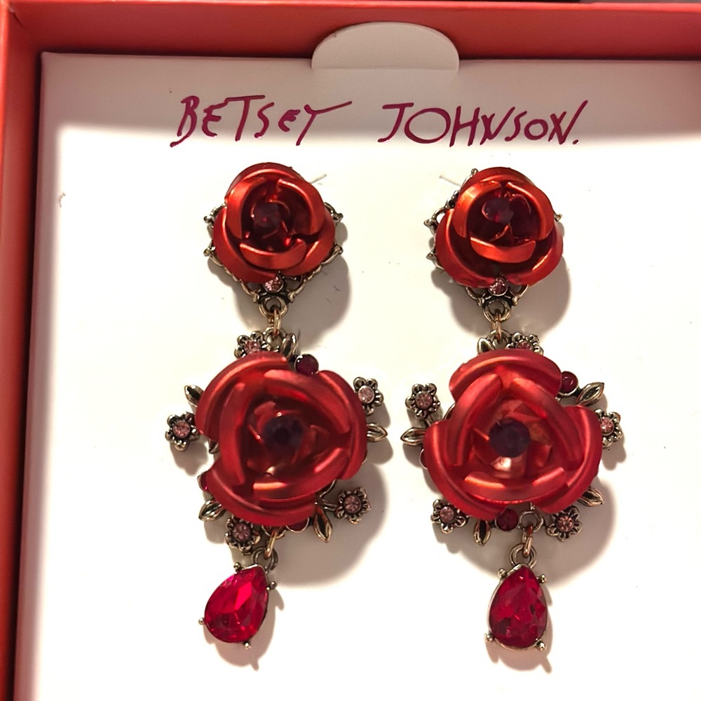 Betsey Johnson Ruby Red Rose Earrings